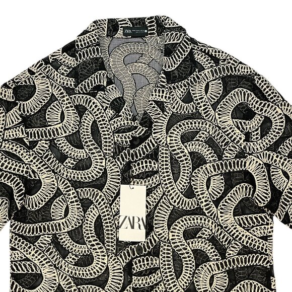 Zara Jacquard Shirt With Contrasting Details Top M Black Embroidery NEW - Picture 6 of 11